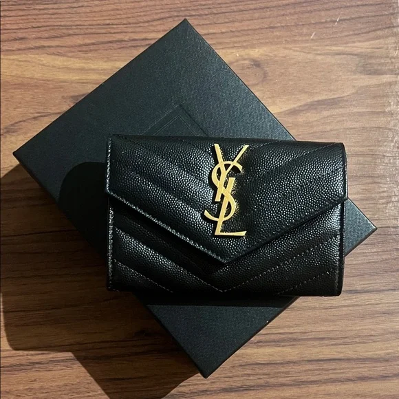 Yves Saint Laurent Black Leather Gold Monogram Wallet - Picture 1 of 7